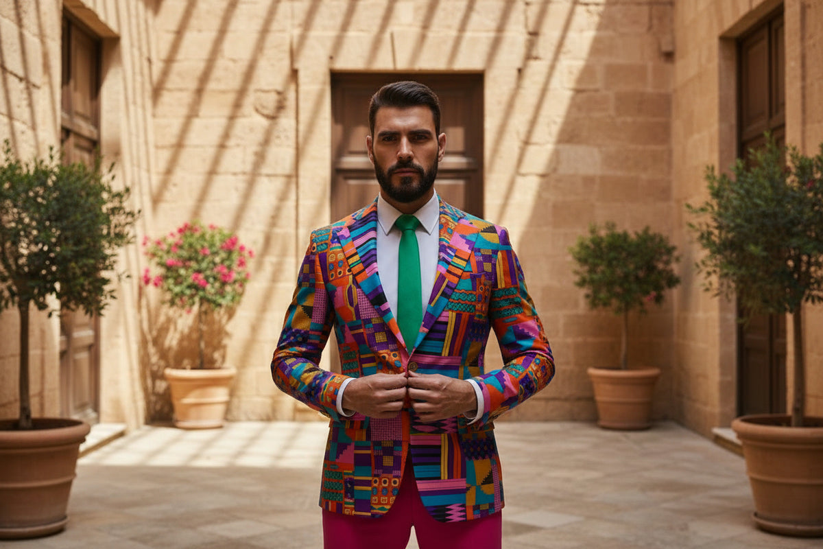 Chaqueta masculina confeccionada con estampado solapas anchas corte regular de la firma Sergy & Tapiju diseñada y confeccionada en su atelier en Córdoba 