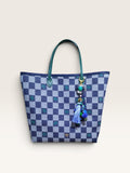 Bolso shopper Sergy & Tapiju de tejido vaquero azul con estampado de cuadros y asa de piel en color verde