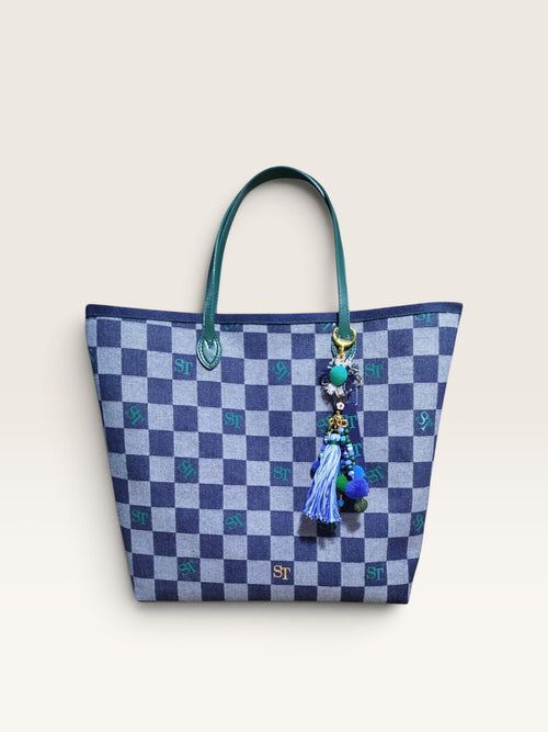 Bolso shopper Sergy & Tapiju de tejido vaquero azul con estampado de cuadros y asa de piel en color verde