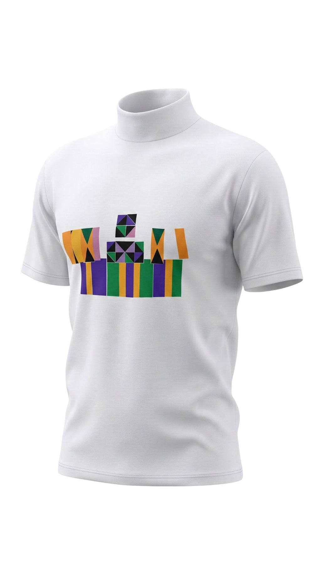 Camiseta blanca Sergy & Tapiju con cuello semi-alto y diseño de vinilos geométricos coloridos en algodón y poliéster