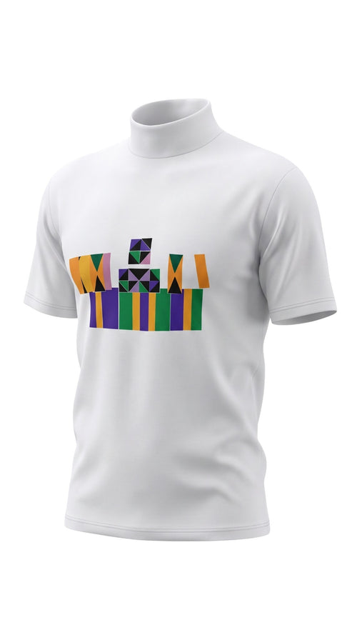Camiseta blanca Sergy & Tapiju con cuello semi-alto y diseño de vinilos geométricos coloridos en algodón y poliéster