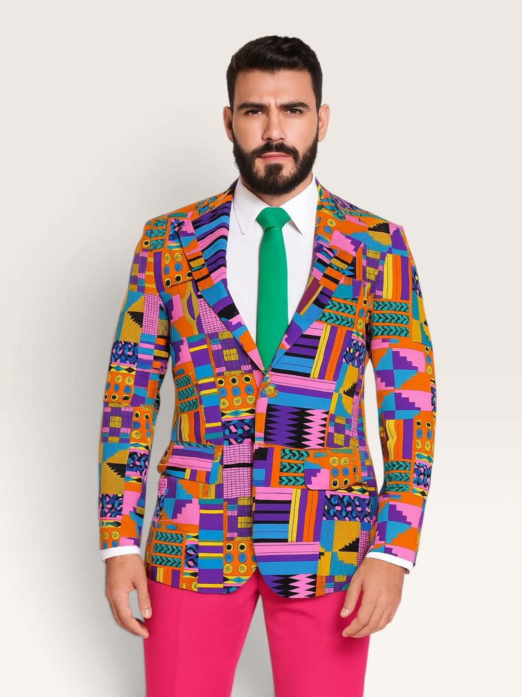 Chaqueta Sergy & Tapiju de tejido aterciopelado con estampado multicolor, solapas anchas y botones forrados a juego.