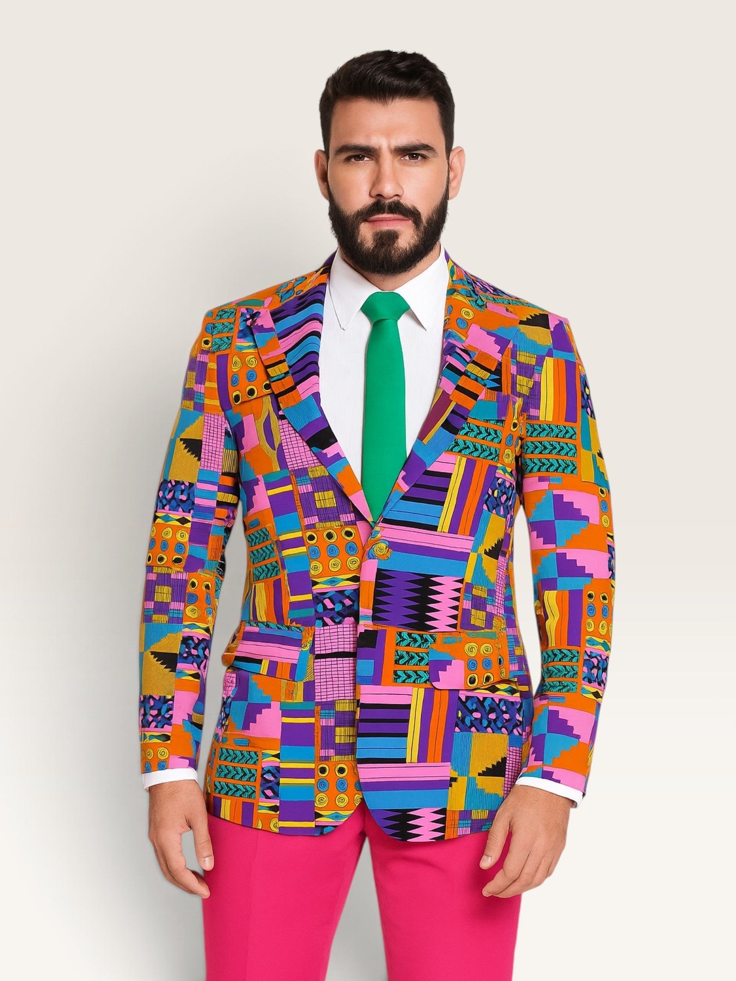Chaqueta Sergy & Tapiju de tejido aterciopelado con estampado multicolor, solapas anchas y botones forrados a juego.
