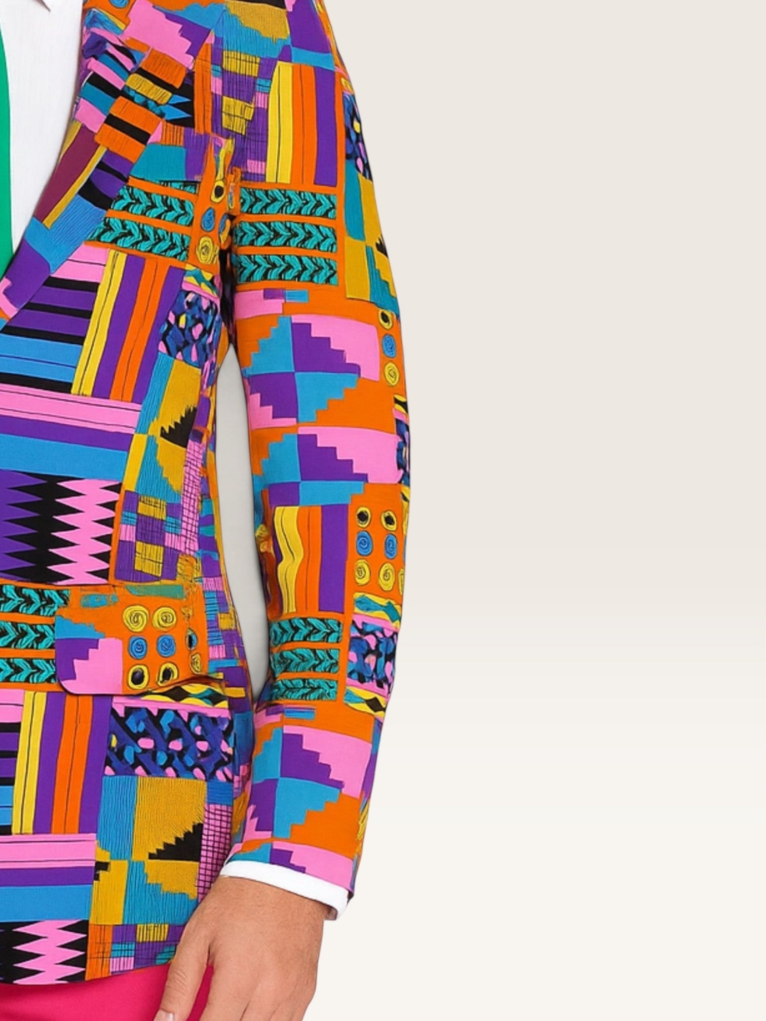 Chaqueta Sergy & Tapiju de tejido aterciopelado con estampado geométrico multicolor y botones forrados a juego