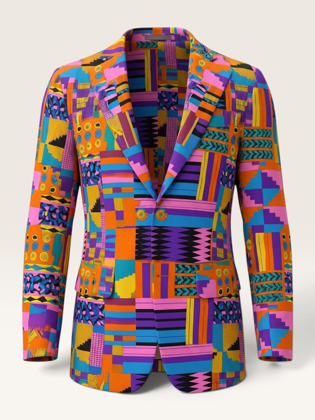 Chaqueta Sergy & Tapiju de tejido aterciopelado con estampado multicolor, solapas anchas y botones forrados a juego.