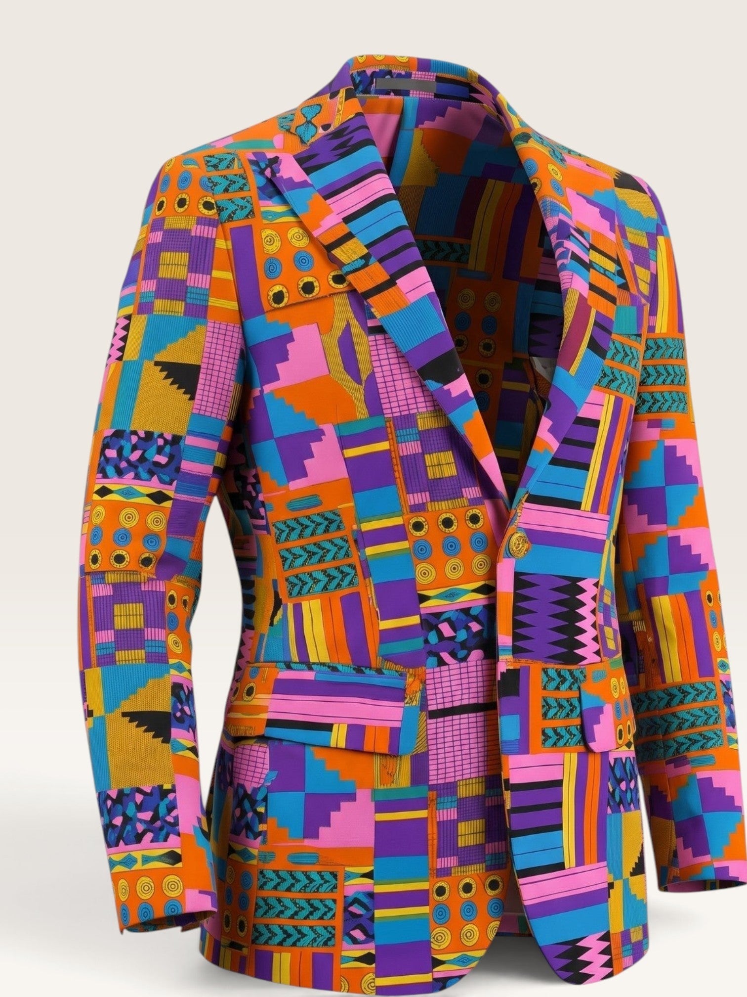 Chaqueta Sergy & Tapiju de tejido aterciopelado con estampado geométrico multicolor, solapas anchas y botones forrados.