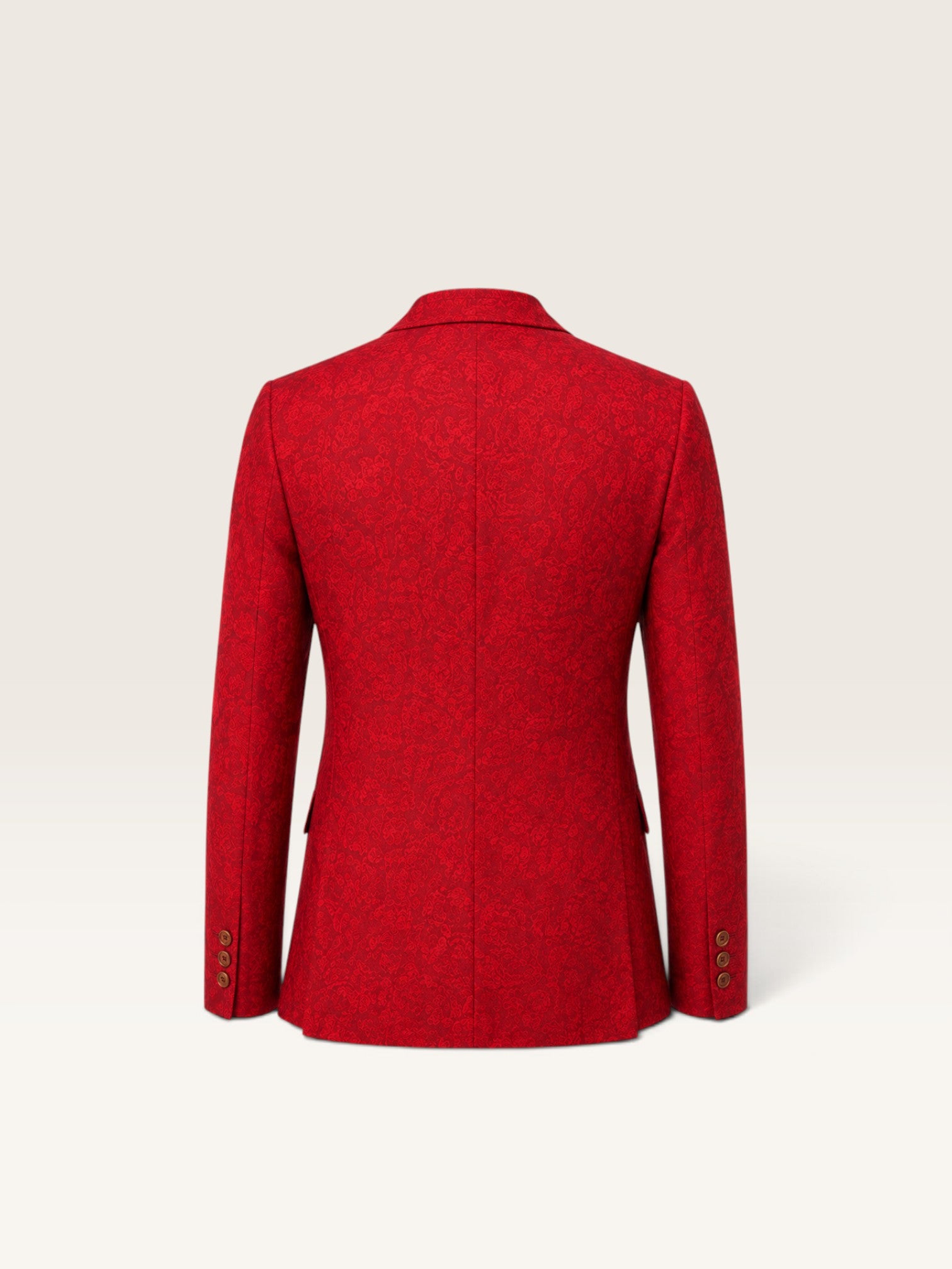 Vista trasera de la chaqueta Sergy & Tapiju roja con estampado de cachemira y botones en los puños