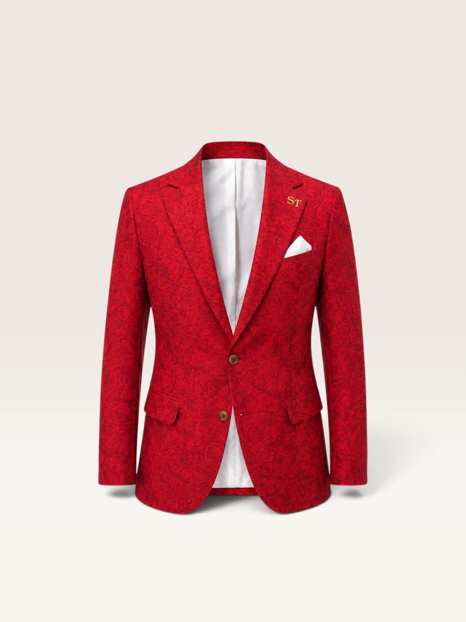 Chaqueta Sergy & Tapiju roja con estampado de cachemira, solapas clásicas y pañuelo blanco en el bolsillo