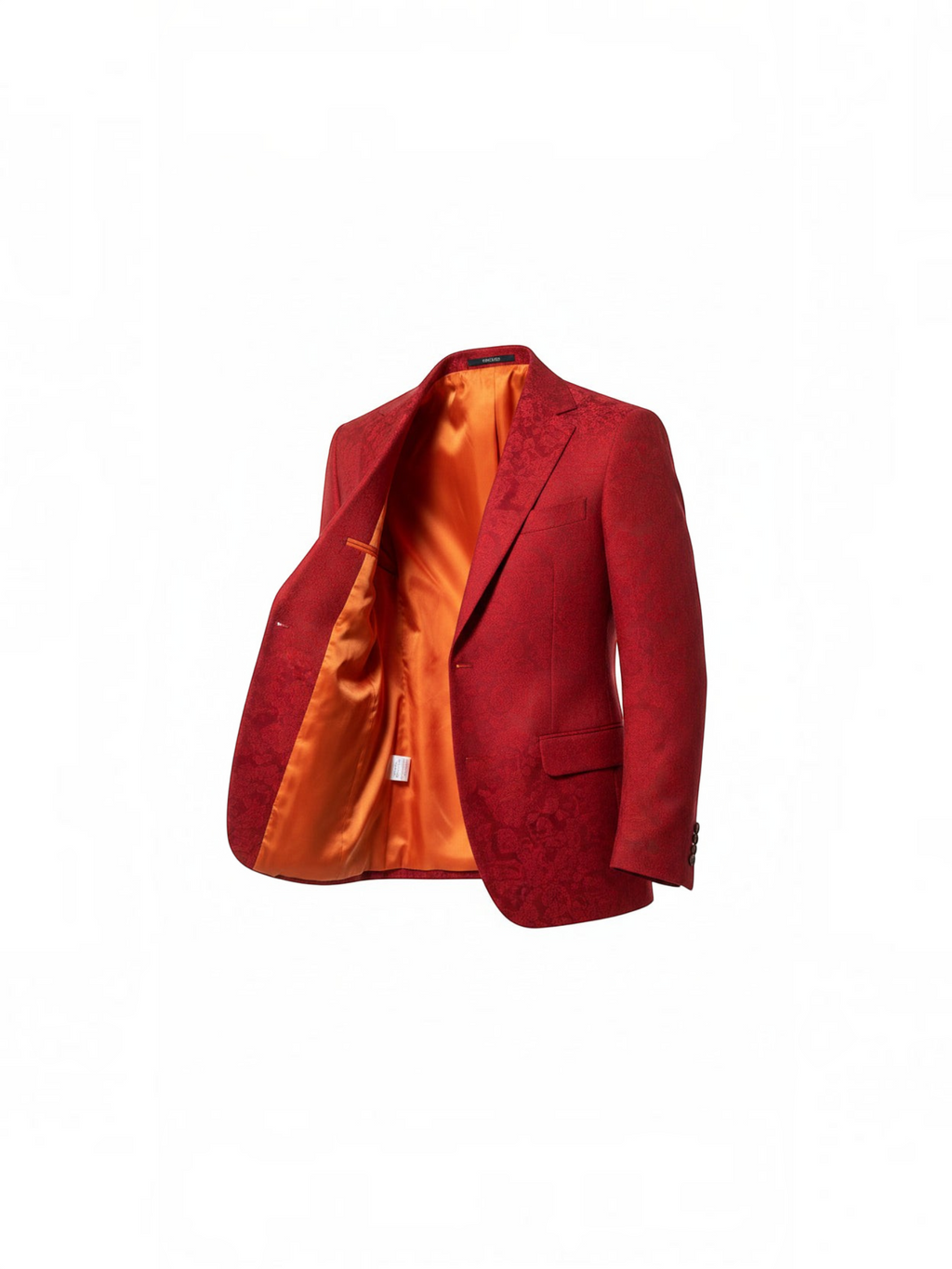 Sergy & Tapiju strawberry red relaxed fit blazer with burgundy paisley print, featuring a vibrant orange lining.