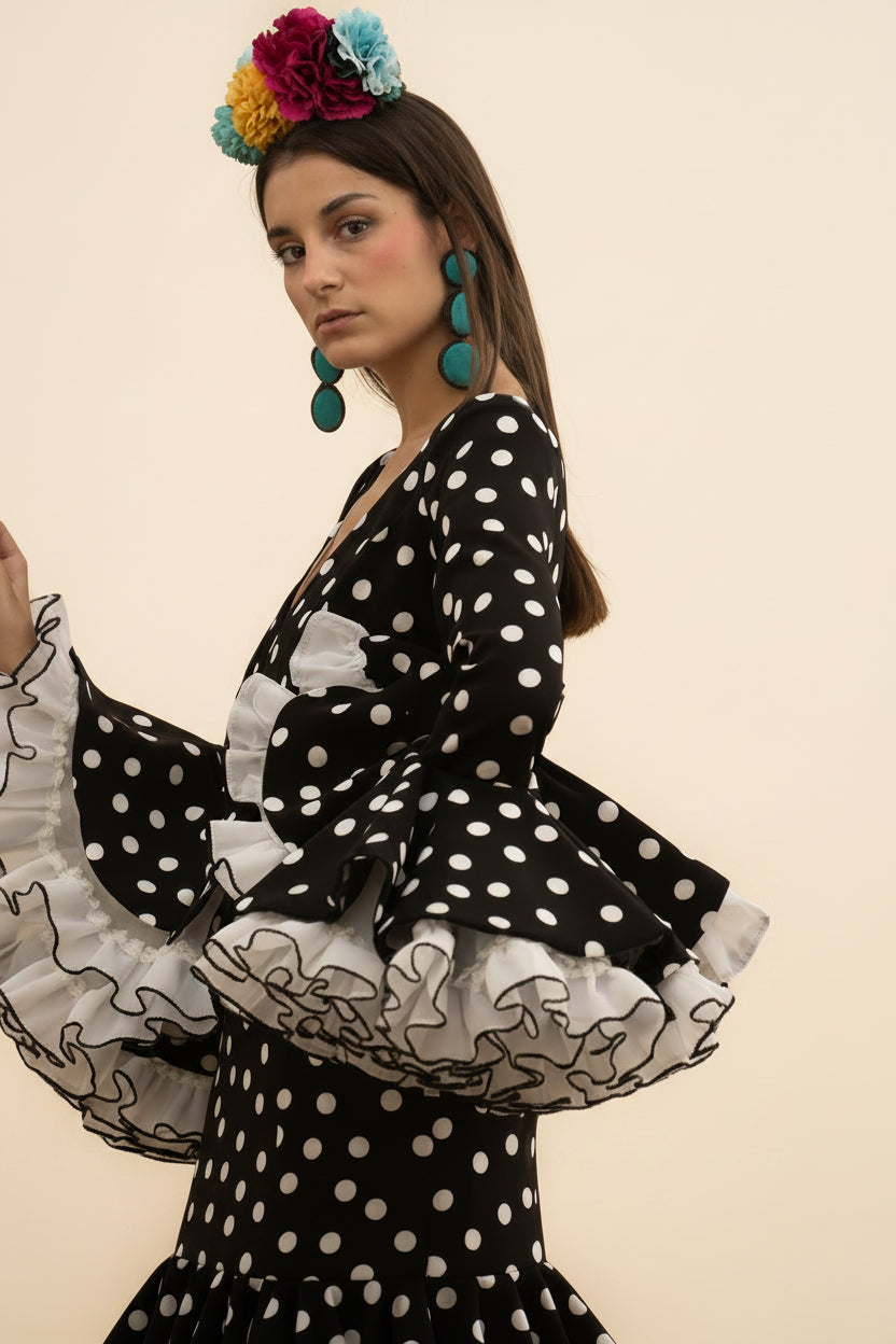 Modelo con vestido Sergy & Tapiju negro de lunares blancos, diseño de volantes y tejido bielástico con spantex.