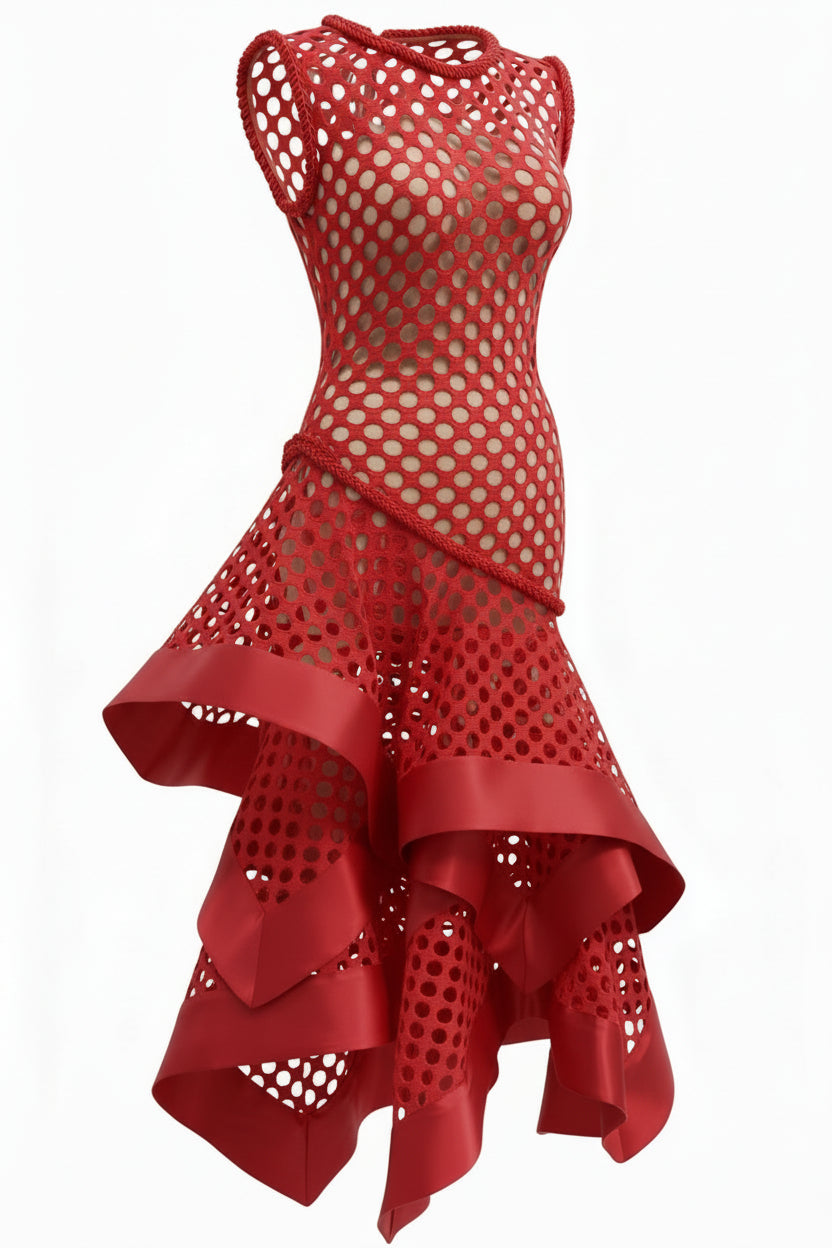 Vestido de la línea Couture realizado en red, adornado con cordón de seda de Sergy & Tapiju realizado en su atelier en Córdoba, España.